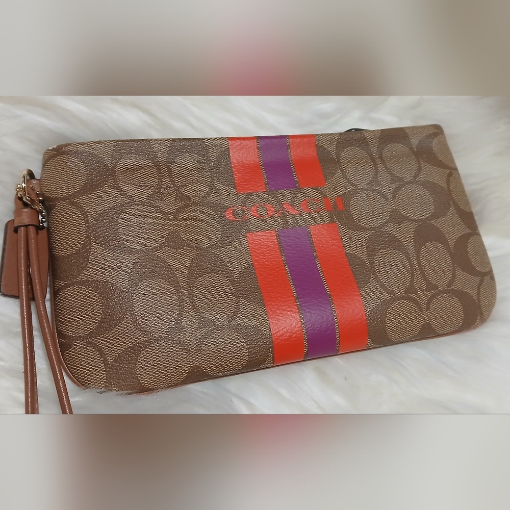 Coach Signature Canvas Wristlet with Red and Purple Stripe